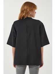 Women's Black Back Zipper Detail Knitted Scuba T-Shirt - 2