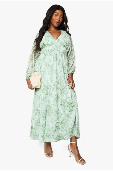 Plus Floral Chiffon Ruched Blouson Sleeve Maxi Dress - sage