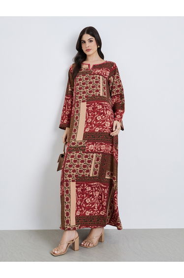 Women Floral Print Notch Neck A-Line Jalabiya