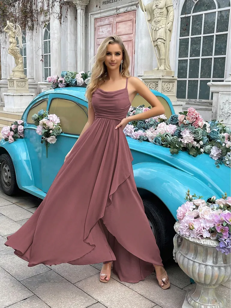 semi formal champagne dress High Slit Floor Length – Aquarius Brand Select Color:Green Active Status Flowy A Ruched pleated silk-chiffon gown