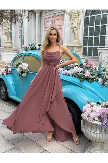 QOQ Brown Chiffon Evening Dress with Slit