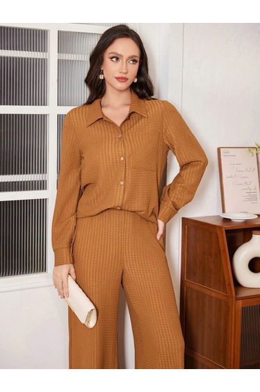 Coffee Brown Textured Shirt and Wide Leg Pants Co-Ords
