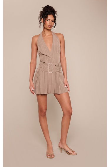 Taupe Pinstripe Halterneck Belted Shift Dress