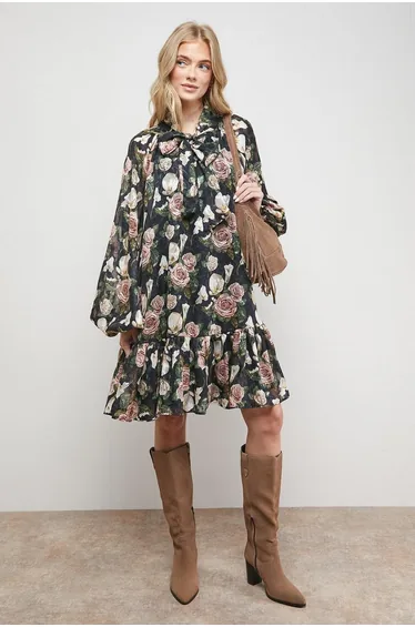 Rose Print Tie Neck Balloon Sleeve Mini Smock Dress