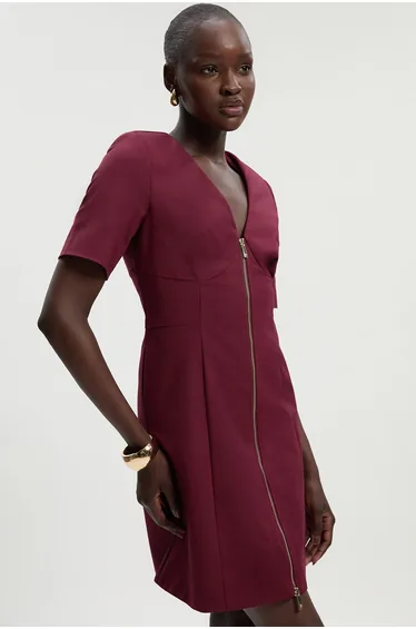 Tall Techno Cotton Short Sleeve Zip Detail Woven Mini Dress