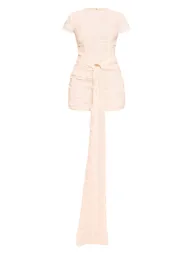 Cream Textured Belt Detail Mini Dress - 4