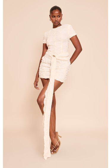Cream Textured Belt Detail Mini Dress
