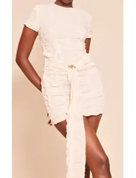 Cream Textured Belt Detail Mini Dress - 3