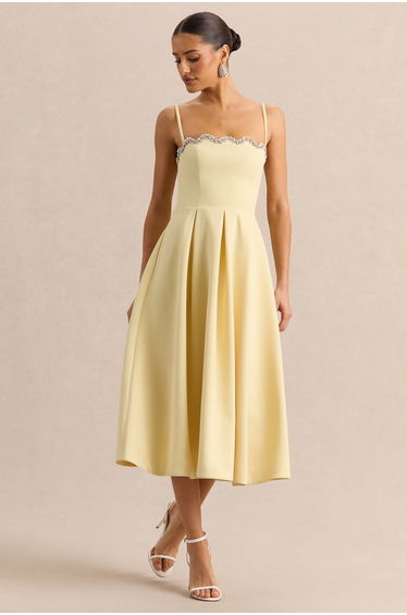 Evoria | Lemon Scalloped Square-Neck Midi Dress