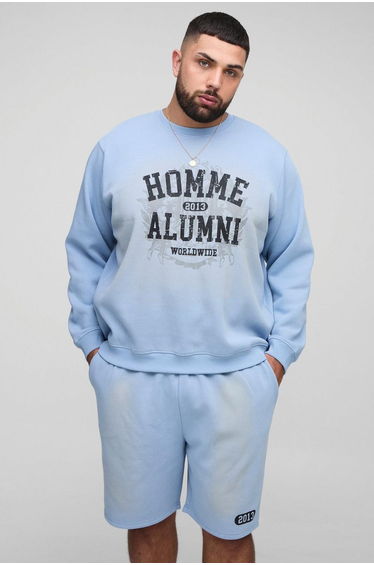 Plus Homme Spray Wash Regular Fit Sweatshirt & Short Set - light blue