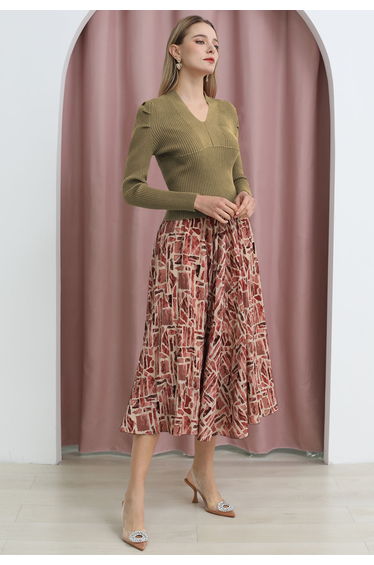 V-Neck Puff Shoulder Rib Knit Top in Camel