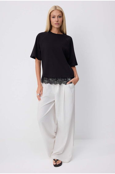 Black Plain Regular Crew Neck Raglan Sleeve Lace Detailed Interlock Knitted T-Shirt