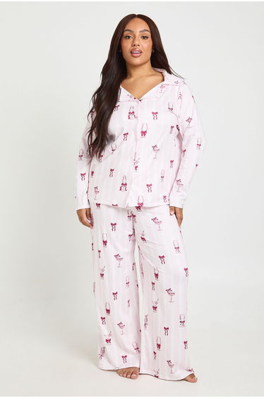 Plus Stripe Cocktail Long Sleeve Shirt And Trousers Pyjama Set - pink