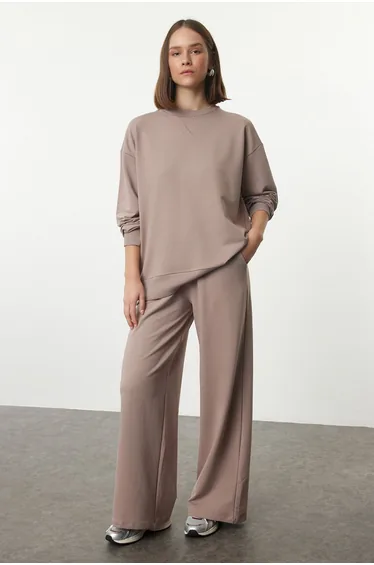 Mink Relaxed/Comfortable Fit Wide Leg/Wide Leg Knitted Sweatshirt/Bottom Tracksuit Set