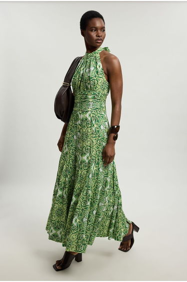 Double Cloth Tile Print Halterneck Midi Dress