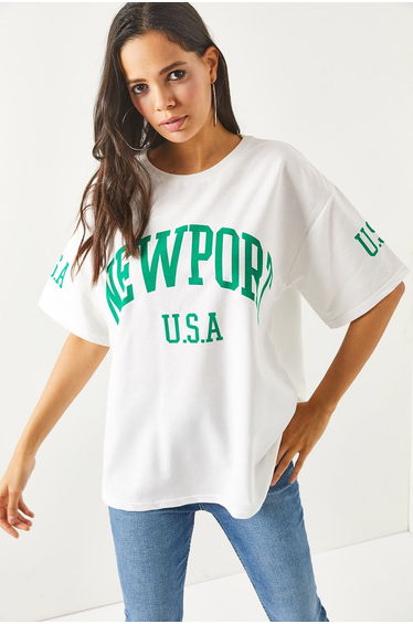 Women's Newport White Front Back Printed 2 Threads Unisex Oversized T-Shirt