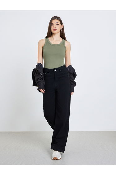 Women Olive Ribbed Sleeveless Knit Top