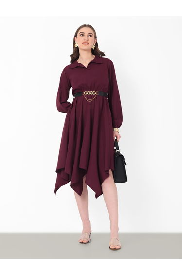 Women Maroon High-Low Hem Belted Midi Dress