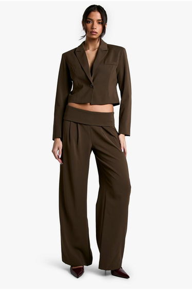 Tailored Fold Over Woven Trousers - mocha
