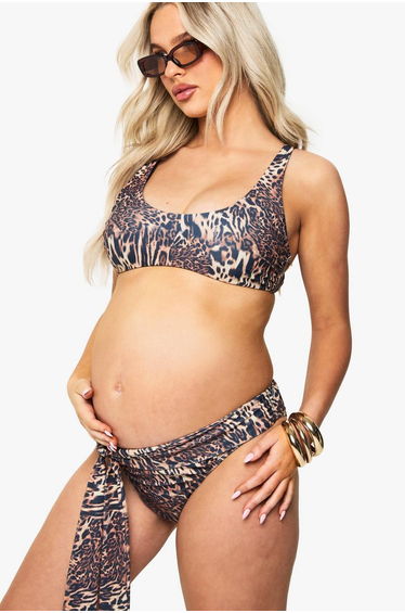 Maternity Leopard Scoop Neck High Waisted Tie Detail Bikini - brown