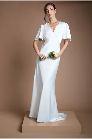 Deep V Fluted Sleeve Maxi Wedding Dress