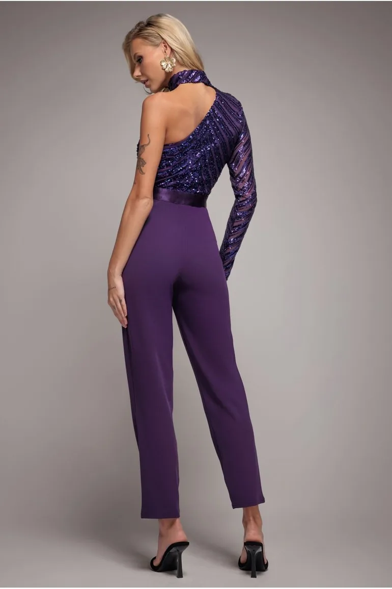 Goddiva One Shoulder Sequin Jumpsuit - Purple - 1
