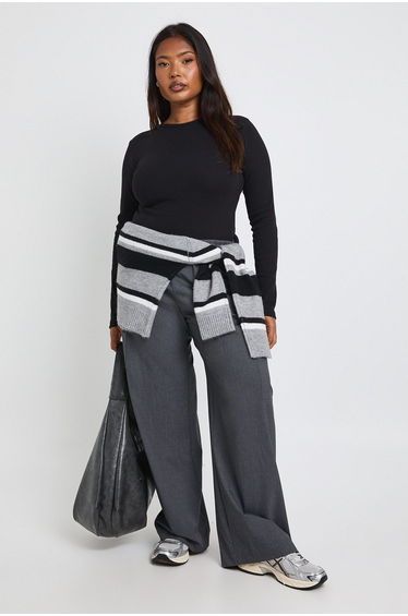 Plus Basic Rib Long Sleeve Fitted Longline Top - black