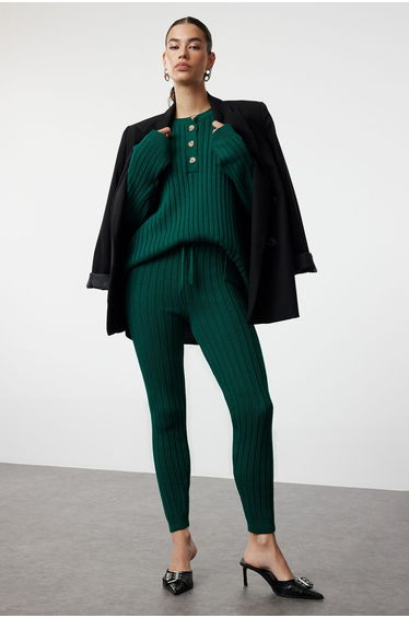 Emerald Green Ribbed Wide Pattern Knitwear Bottom-Top Set