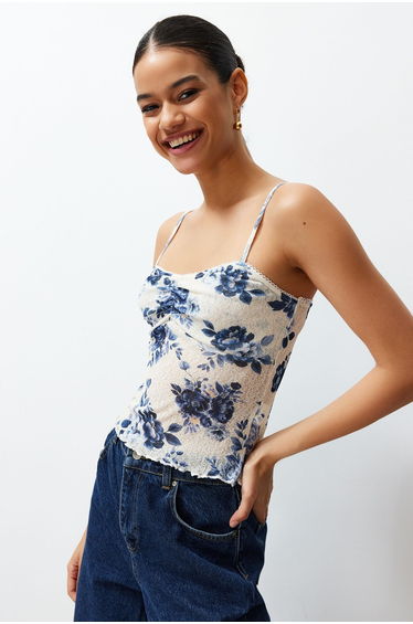 Blue Floral Printed Special Textured V Neck Strappy Flexible Knitted Blouse