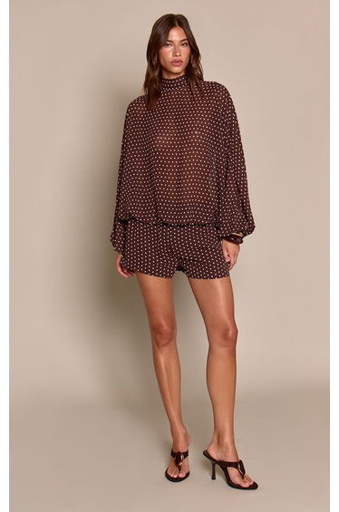 Brown Chiffon Sheer Polka Dot Oversized Blouse Co-ord