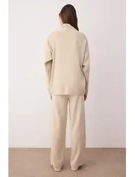 Beige Accessory Detailed Knitwear Cardigan-Blouse-Pants Set - 1
