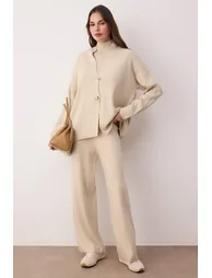 Beige Accessory Detailed Knitwear Cardigan-Blouse-Pants Set - 3