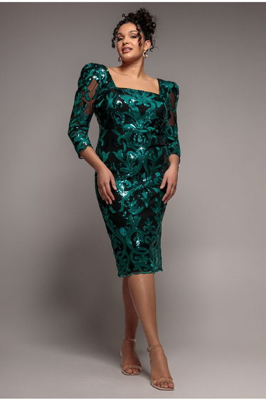 Goddiva Plus Square Neck Scalloped Embroidered Sequin Midi Dress - Emerald Green