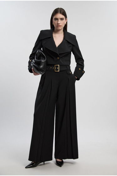 Polished Tailored Pleated Wide Leg Belted Trouser
