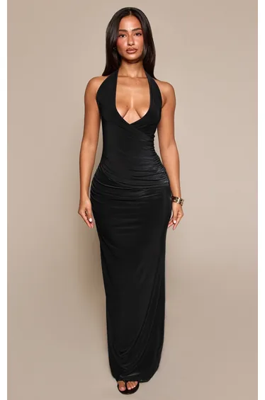 Petite Black Cross Front Low Cut Ruched Halterneck Slinky Maxi Dress