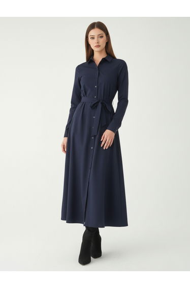 Women Navy Blue Cotton Collared Shirt Maxi Dress