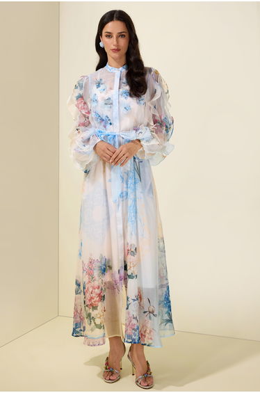 3D Flower Frill Long Sleeve Midi Dress