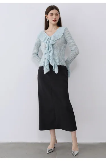 Slit Back Belted Maxi Skirt in Black