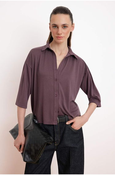 Mürdüm Relaxed Polo Collar Three Quarter Sleeve Modal Knitted Blouse