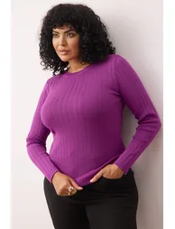 Purple Ribbed Body-hugging Knitwear Blouse - 1