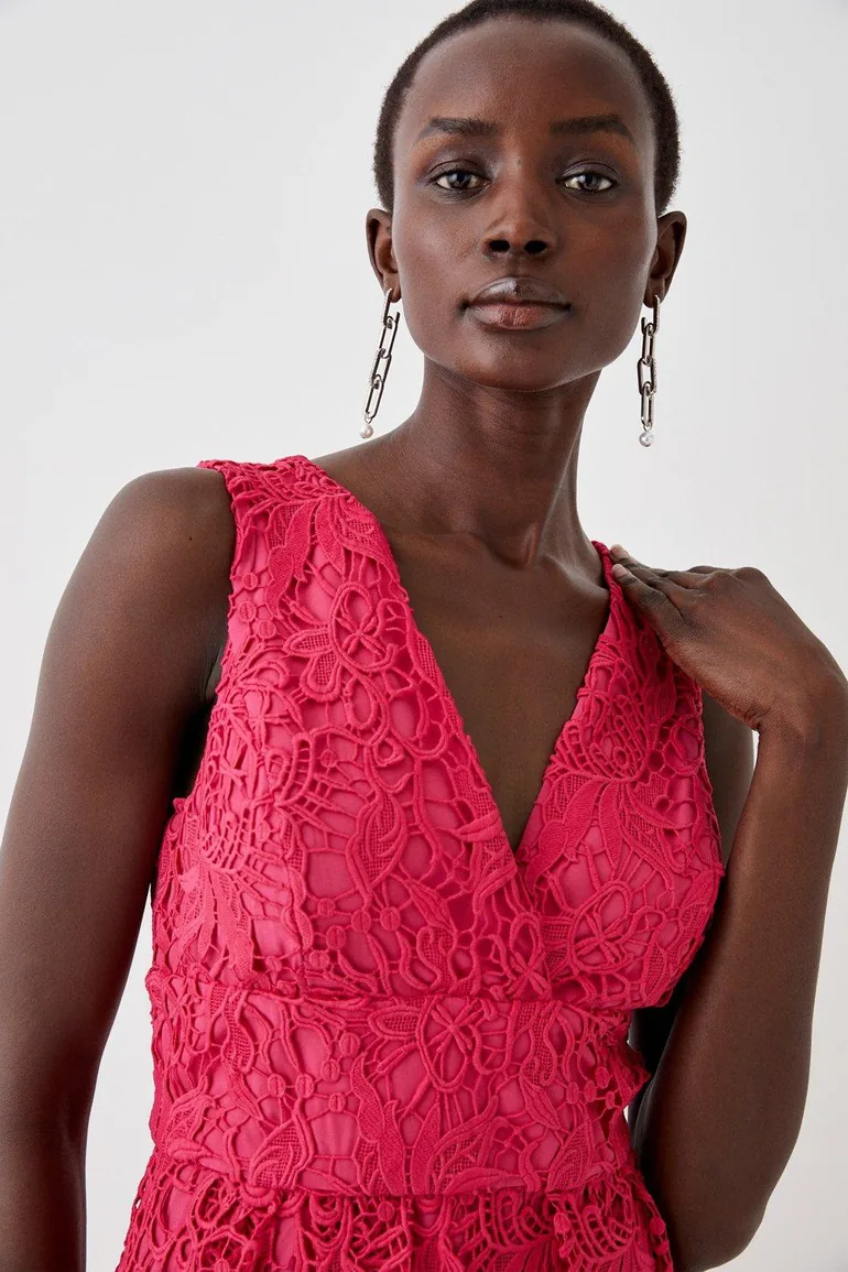 Plunge Neck Midi Dress In Lace - 1
