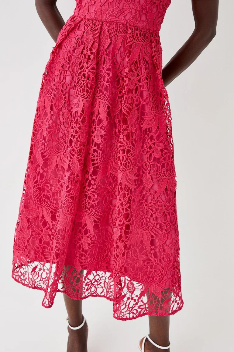 Plunge Neck Midi Dress In Lace - 2
