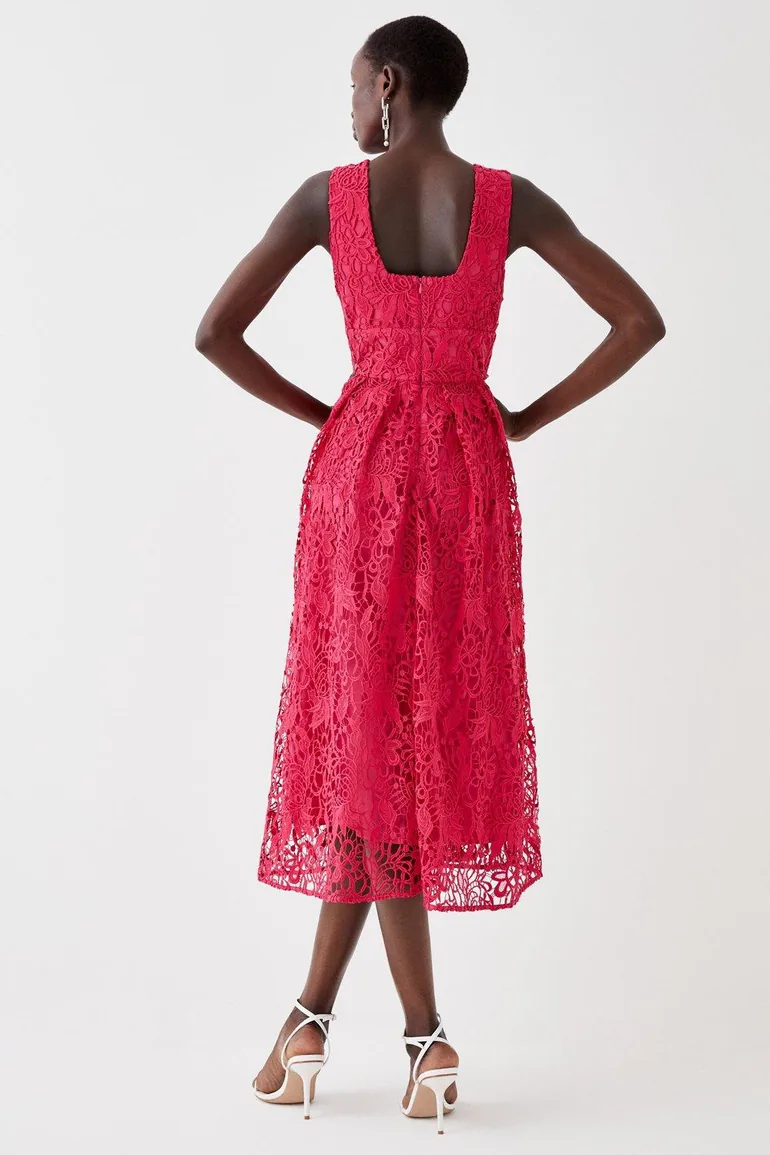 Plunge Neck Midi Dress In Lace - 3