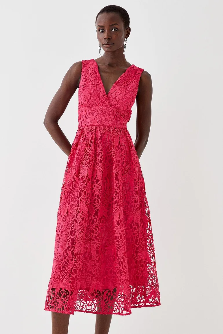 Plunge Neck Midi Dress In Lace