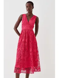 Plunge Neck Midi Dress In Lace