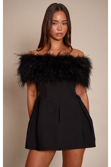 Premium Black Woven Feather Bardot Tulip Mini Dress