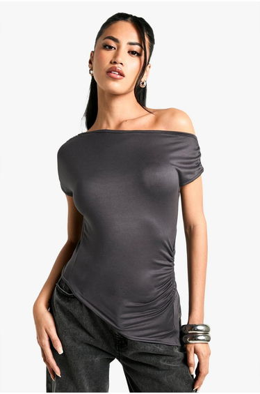 Supersoft drape off shoulder ruched top