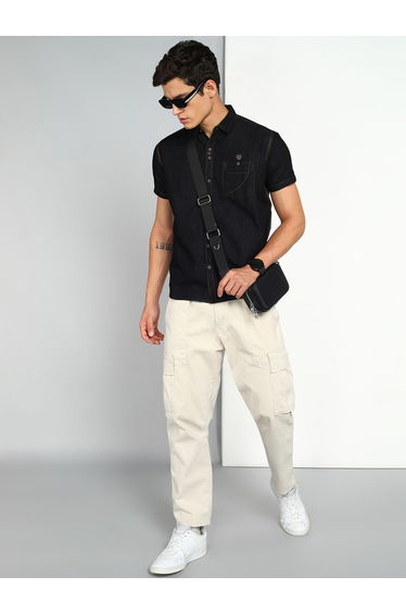 Men Black Denim Short Sleeve Shirt