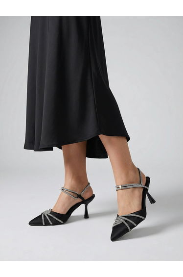 Black Embellished Satin Kitten Heels Shoes