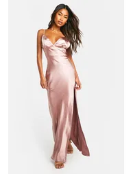Bridesmaid Satin Strappy Floor Length Dress - mink - 2